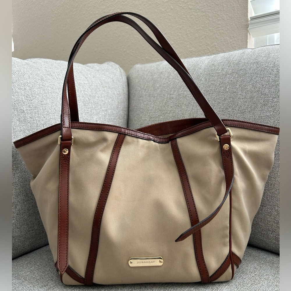 Burberry Cream and Brown Tote Bag with Leather Accents